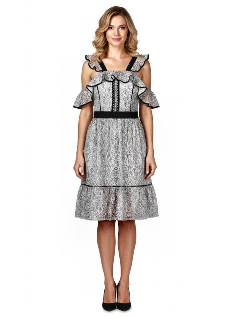Adelyn Rae Lace Babydoll Dress, Black and White, Womens Size Small